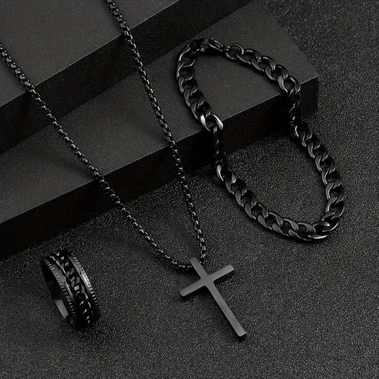 Men’s Alloy Jewelry Set – Cross, Crown &amp; Roman Numerals Design